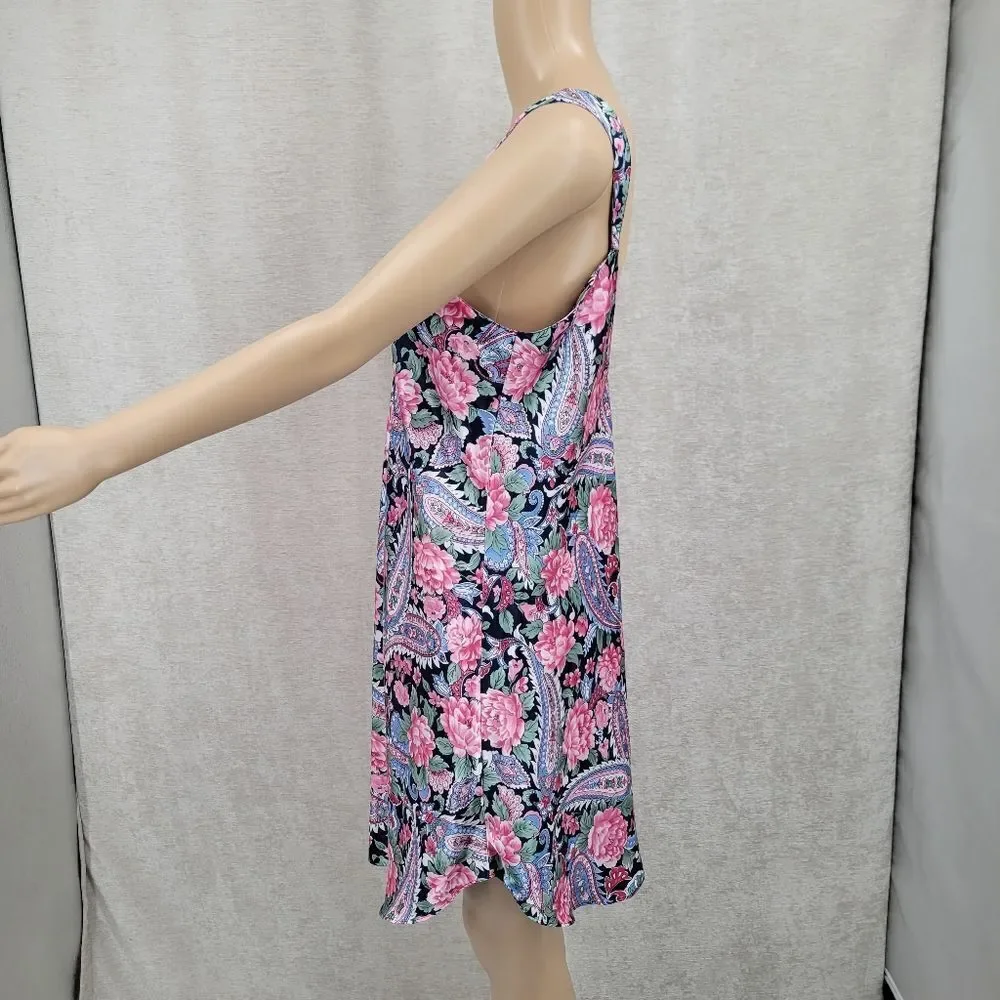 Kathryn Vintage Satin Slip Dress Chemsie Nightgown Pink Blue Paisley Floral